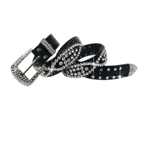 Vegan Black Crocodile Embossed Rhinestone Belt By Design | Accessories | Black Vegan Crocodile Embossed  main image 3